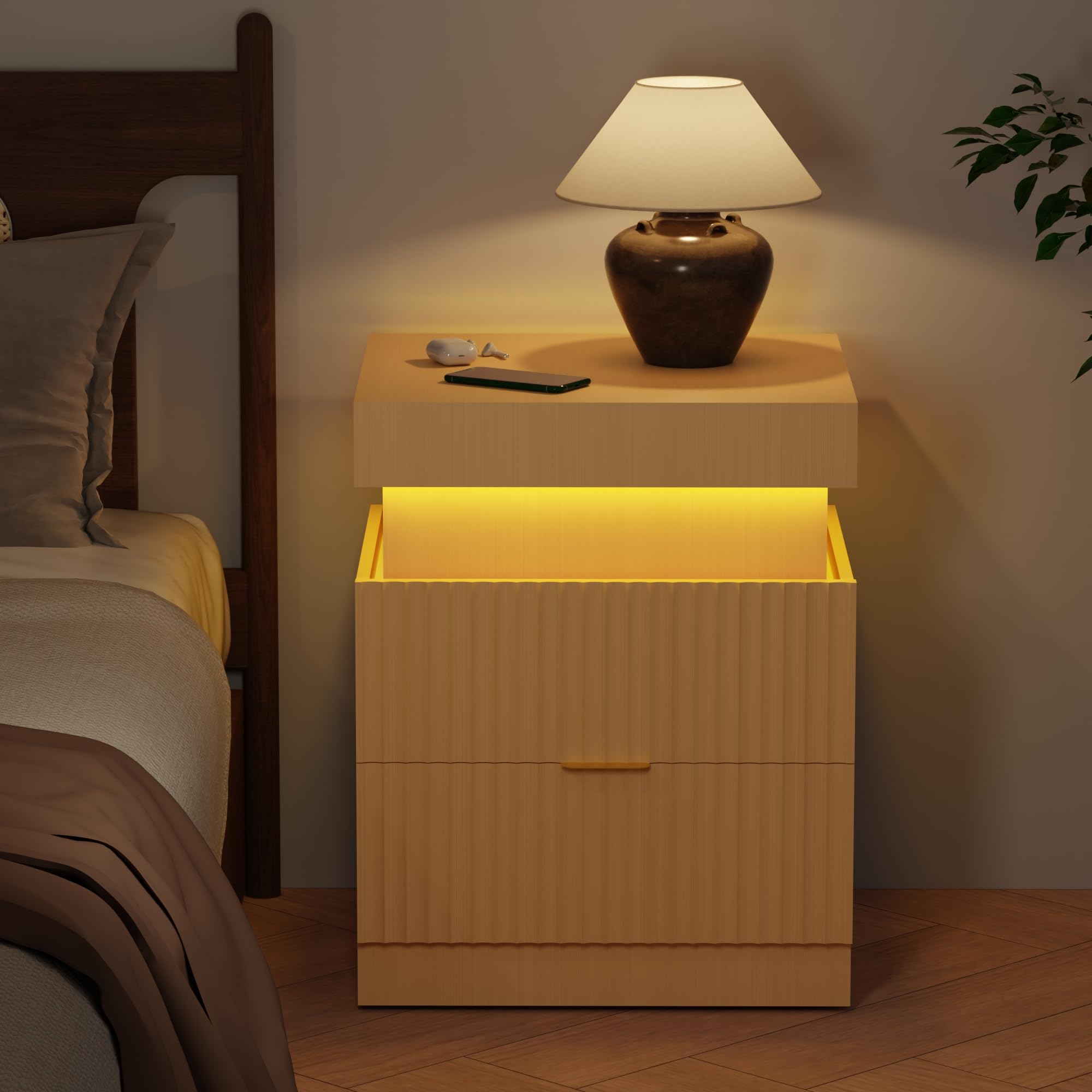 View 1 of ***FACTORY SEALED - OPENED FOR INSPECTION***Lezyhaus Wooden Fluted Nightstand with Charging Station & LED Lights