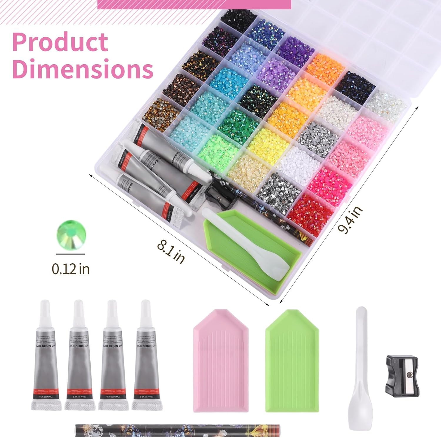 Rhinestones Kit with 30 Colors 3mm Resin Jelly Rhinestones, Flatback Gems Set with 4 Pcs Glue, 8.1 x 9.4 in Storage Box for DIY Arts & Crafts, Nail Art, Phone Case Decor