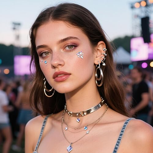 Miniatura 5 de SAOROPEB Gemas faciales  6 juegos de joyas de cara de sirena, calcomanías temporales de tatuaje, calcomanías de acrílico con purpurina de cristal