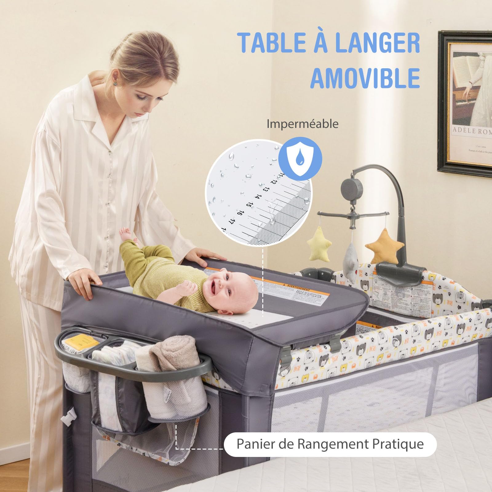 GOPLUS Cuna Lateral a la Cama, con Cambiador, Cojín Suave, Soporte para Juguetes y Espacio de Almacenamiento, Ajustable en Altura, Parque para Bebé de 0-9 Meses con 2 Ruedas y Bolsa (Gris)