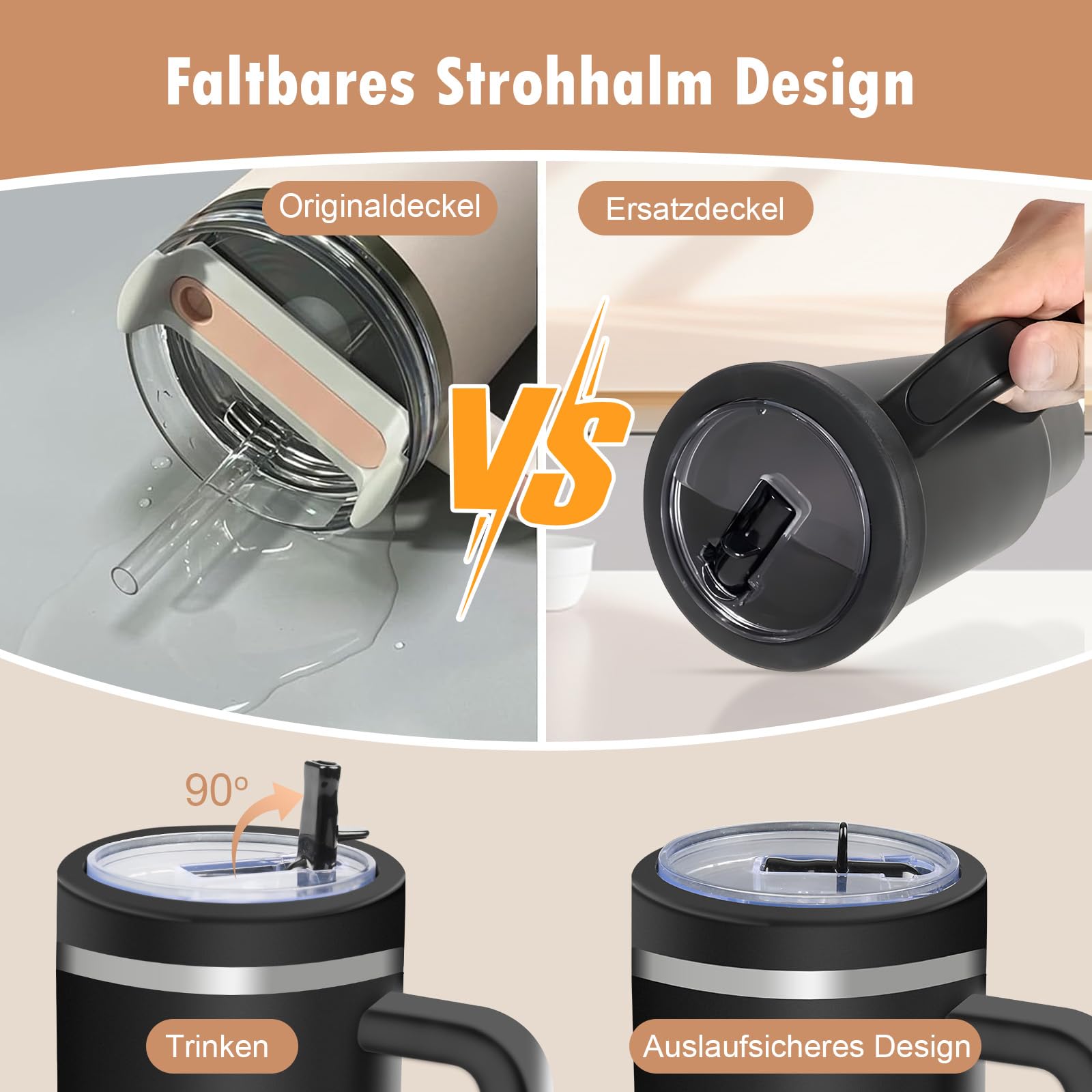 Deckel Set Für Stanley Quencher H2.0 - Auslaufsicher Mit 2 Strohhalmen & Reinigungsbürste