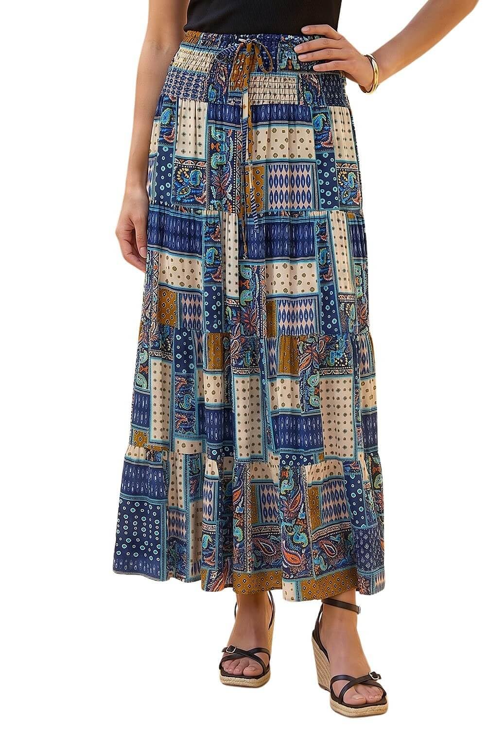 Roman Originals Women's Paisley Blue Gypsy Maxi Skirt For Uk Tiered Bohemian Long Ankle Length Cotton Elasticated Waistband High Waist Monochrome Lounge Lightweight Holiday - Size 18