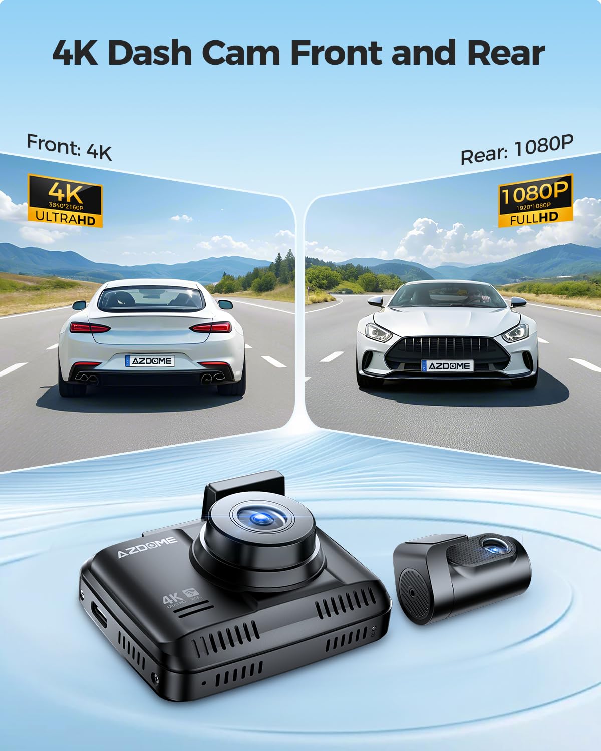AZDOME Dashcam Cámara Coche 4K+1080P, WiFi &GPS, 2.4' IPS Dash CAM Coche con Tarjeta SD de 64GB,Camara Coche Grabadora,170° Gran Angular,Visión Nocturn,WDR,Sensor G,Monitor de Aparcamiento