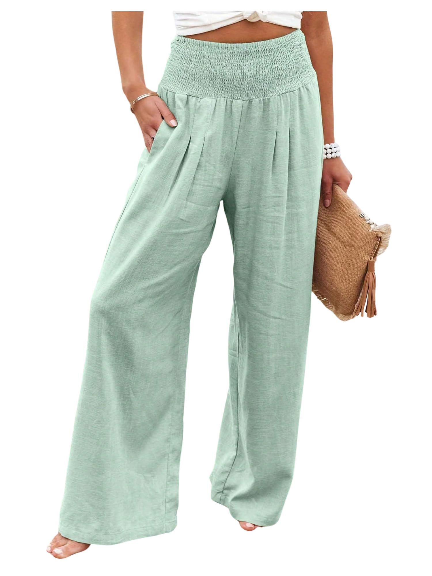 Floerns Womens High Waisted Wide Leg Pants Shirred Pleated Palazzo Vacation Trouser