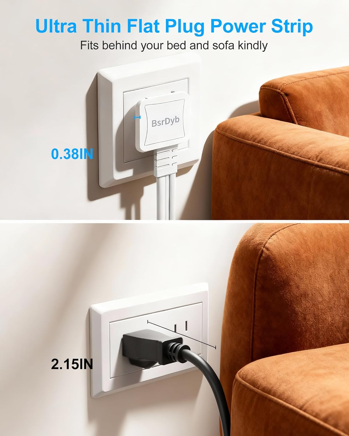 12-Outlet Split Extension Cord, 10FT Flat Plug Power Strip (5FT on Each Side), Ultra-Thin Flat Extension Cord for Home Office Dorm Desk, ETL Listed