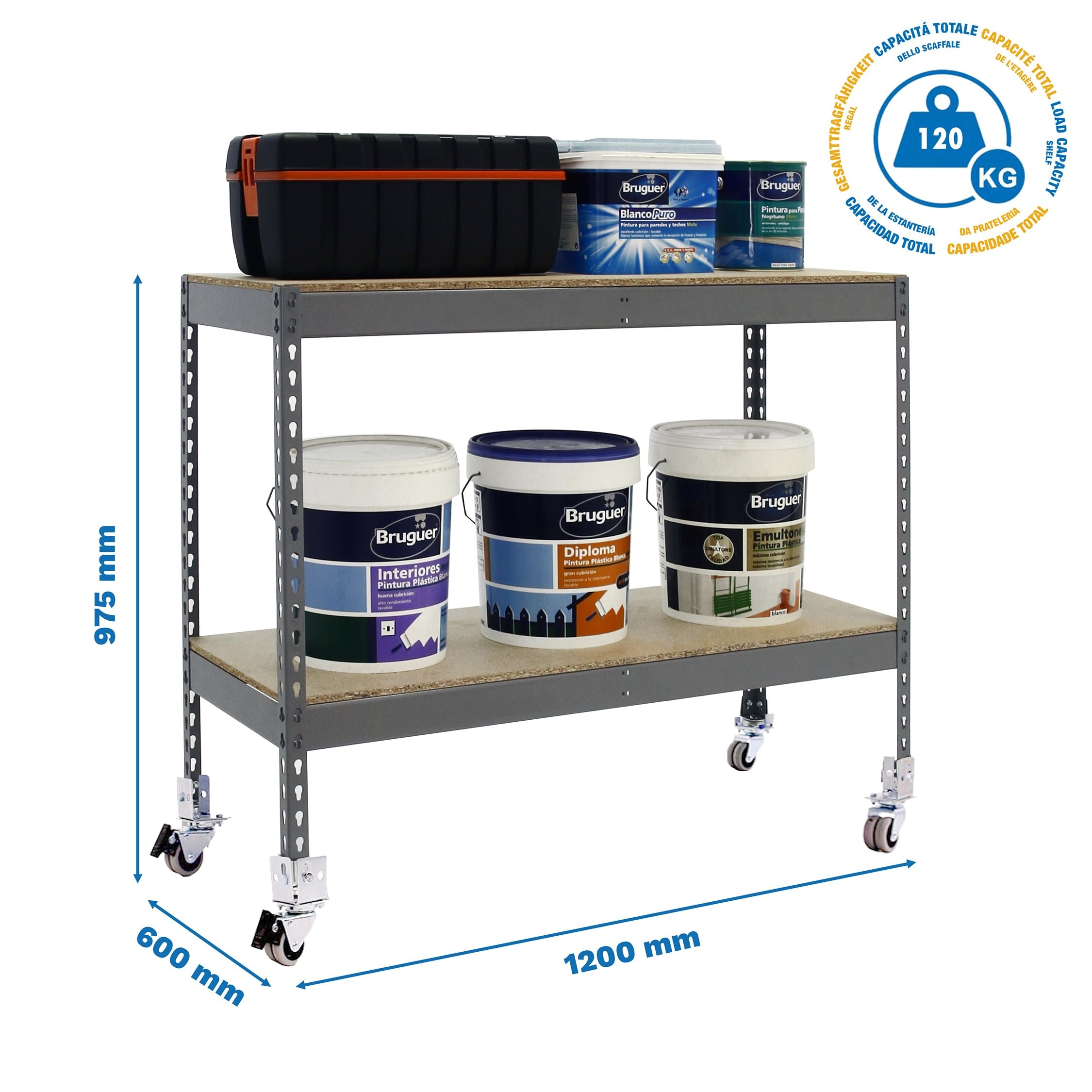 Simon Rack Étagère Charge Lourde avec Roues 975x1200x600 mm, 2 Niveaux Bois, 75 kg par Niveau, Structure Acier, Gris/Bois - Ecoforte