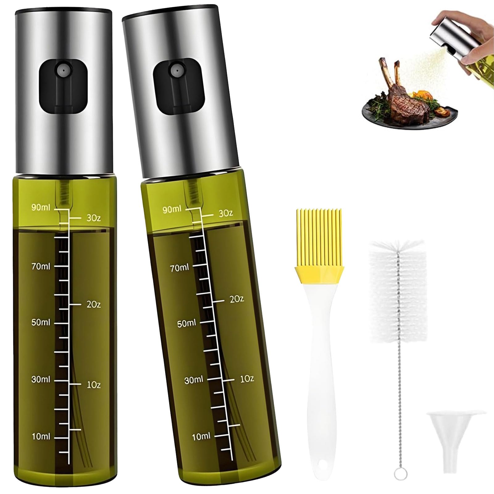JOLYLINT 2 Stück Ölsprüher für Speiseöl,100ml UV-Schutzglas Öl Sprühflasche, Ölspray zum kochen,Oil Sprayer mit Skala & Trichter Olivenöl-Sprühflasche für Heißluftfritteusen, Grillen und Backwaren