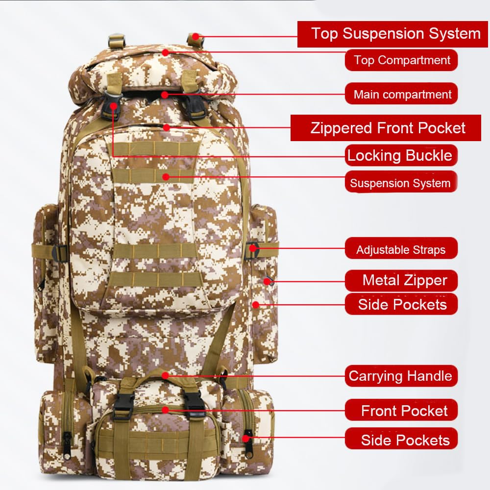 80L plecak turystyczny, duża pojemność, zdejmowany, trekkingowy, outdoorowy, wojskowy, moro, plecak awaryjny, wodoodporny, plecak myśliwski, plecak bojowy, plecak turystyczny na podróże