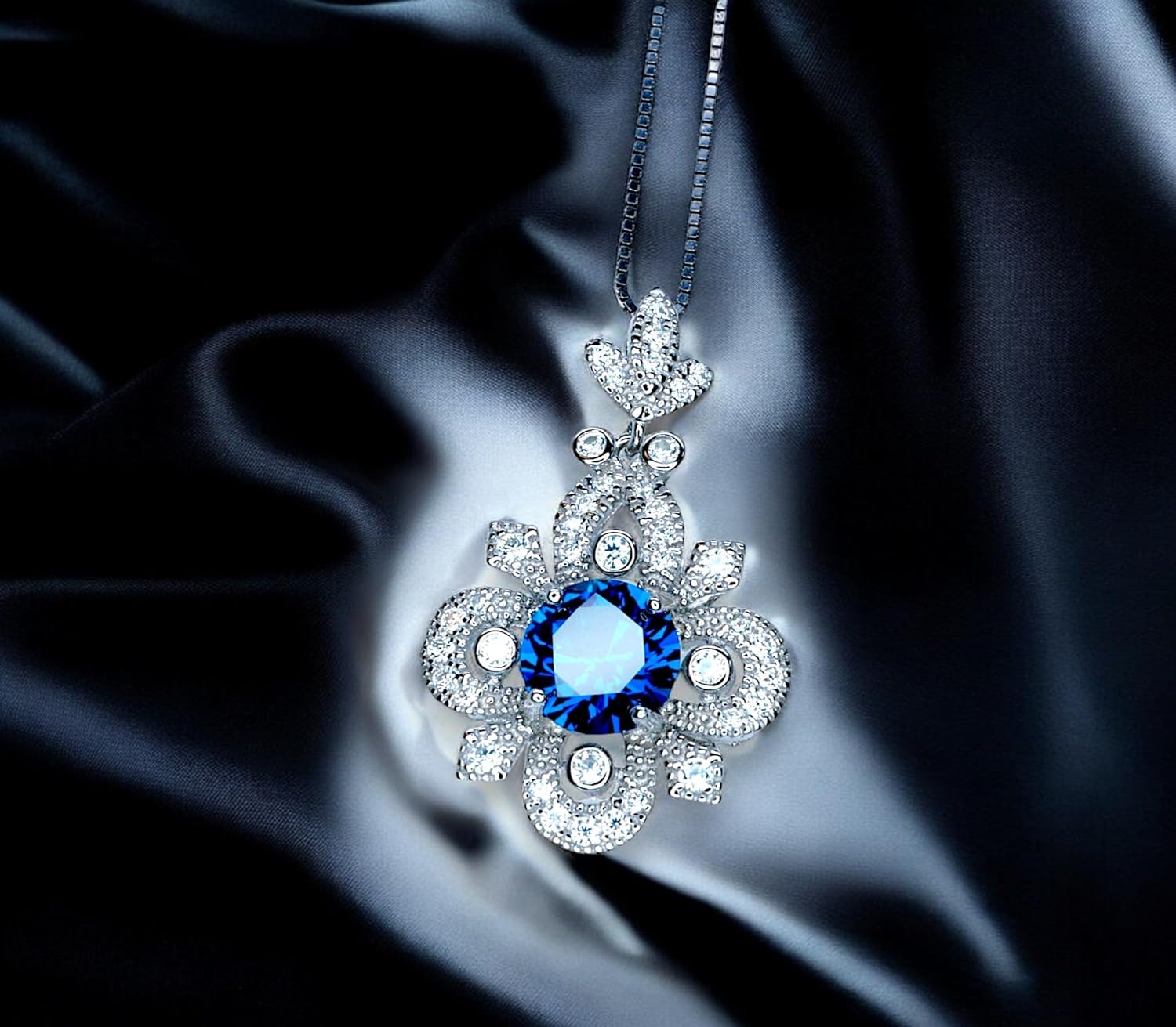 Blue Sapphire Necklace Diamond Flower Style - 7mm Round 1.5CT Blue Sapphire Pendant - 18KGP @ Sterling Silver - September Birthstone #600 - Image 4