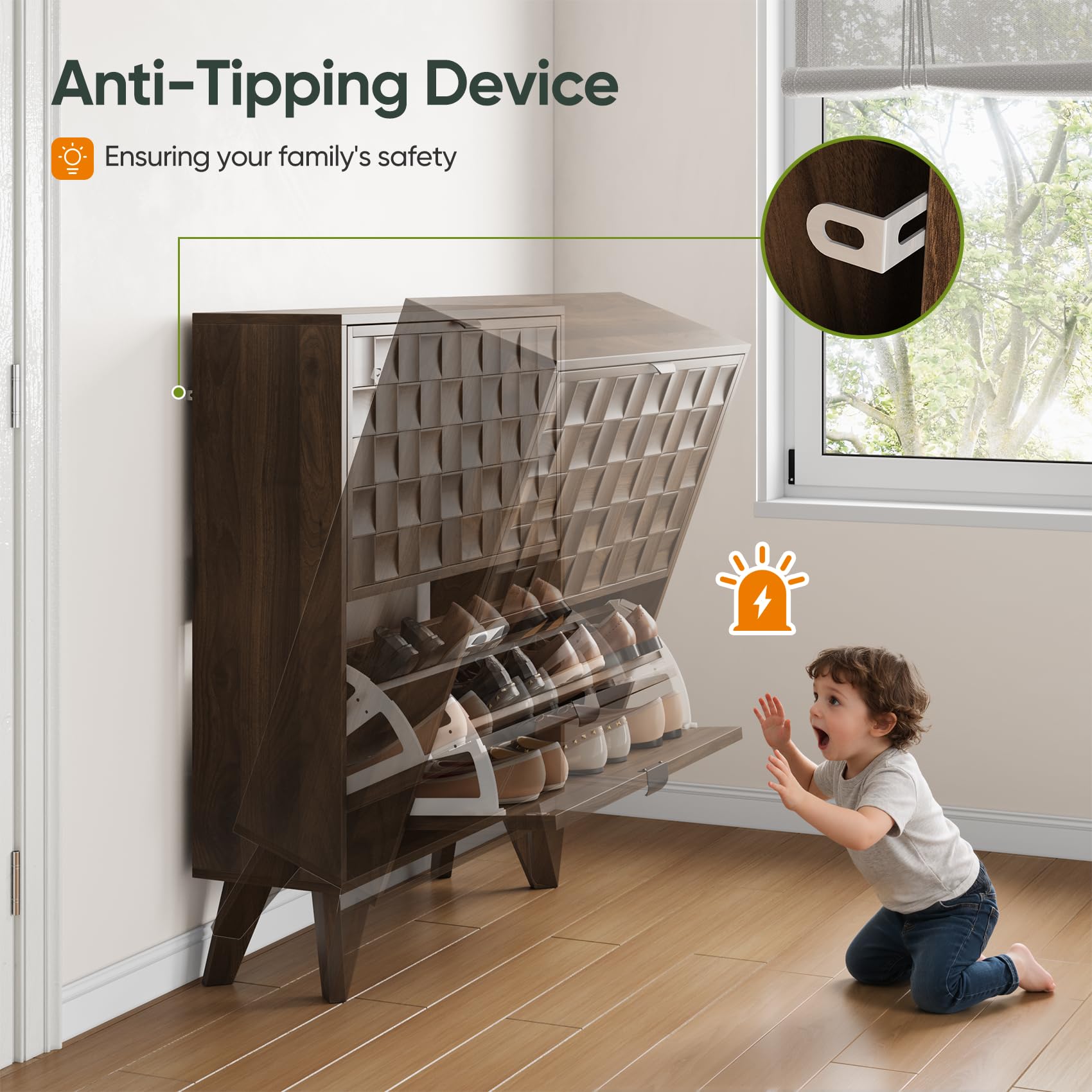 Condition photo showing New/Like New for 29.5'' W Shoe Cabinet with 2 Embossed Checkerboard Pattern Flip Drawers, Freestanding Shoe Storage Cabinet with Solid Wooden Legs, Hidden Shoe Organizer for Entryway, Hallway, Walnut