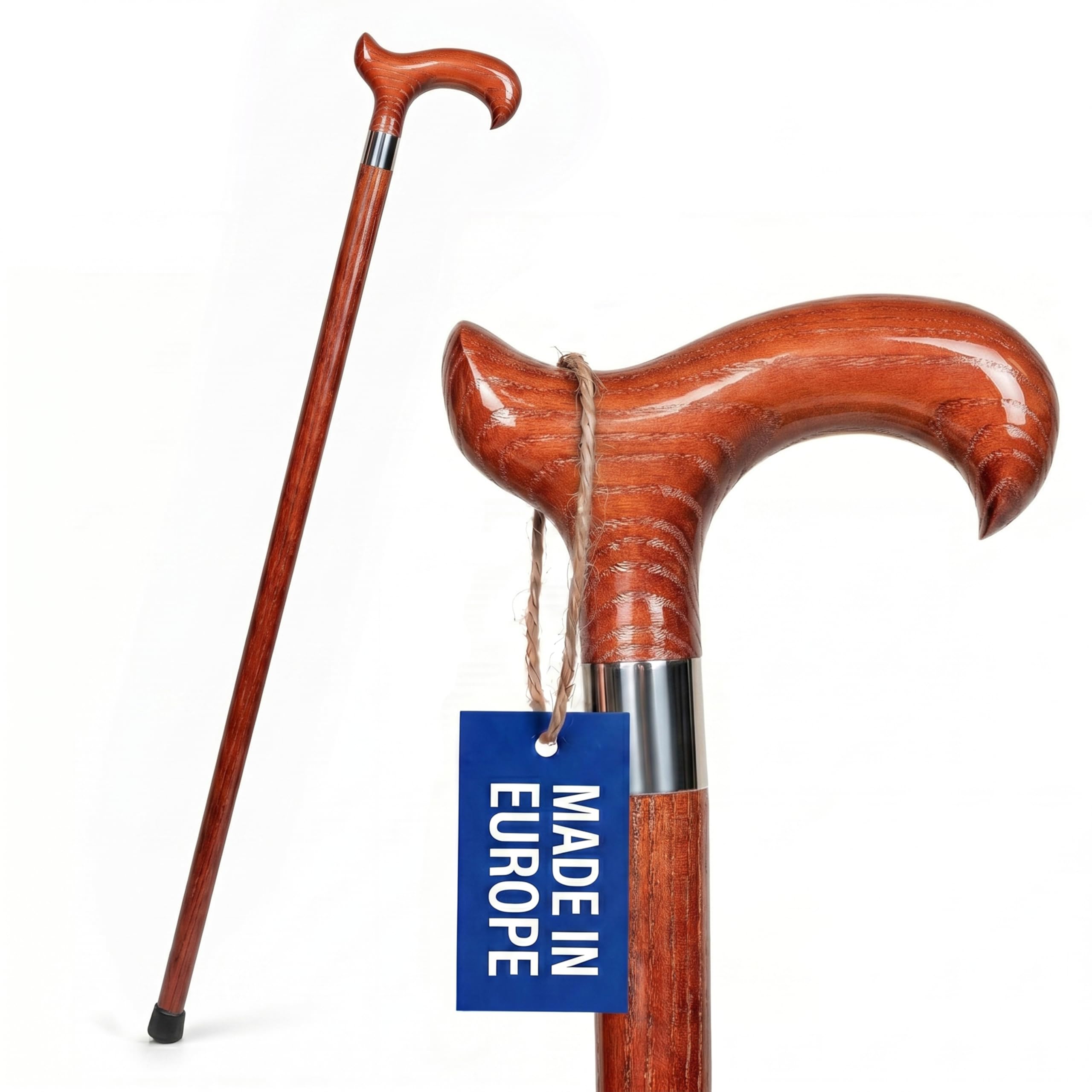 Dr. Watson Classic Derby Walking Stick – Handcrafted Ash Wood Cane with Polished Stainless Steel Collar