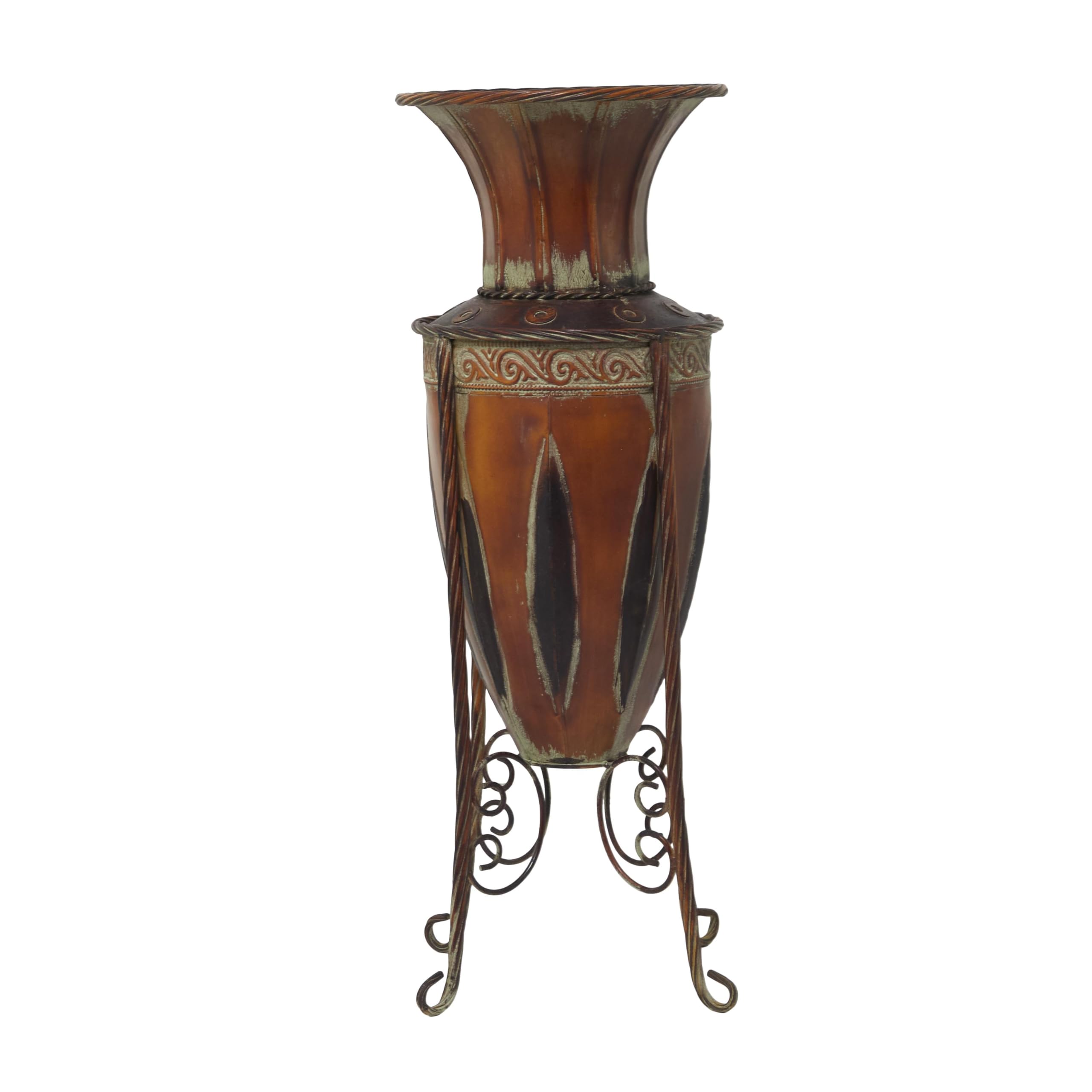 Deco 79 Metal Decorative Vase Tall Centerpiece Vase with Attached Metal Stand and Intricate Design, Flower Vase for Home Decoration 9" x 9" x 27", Brown