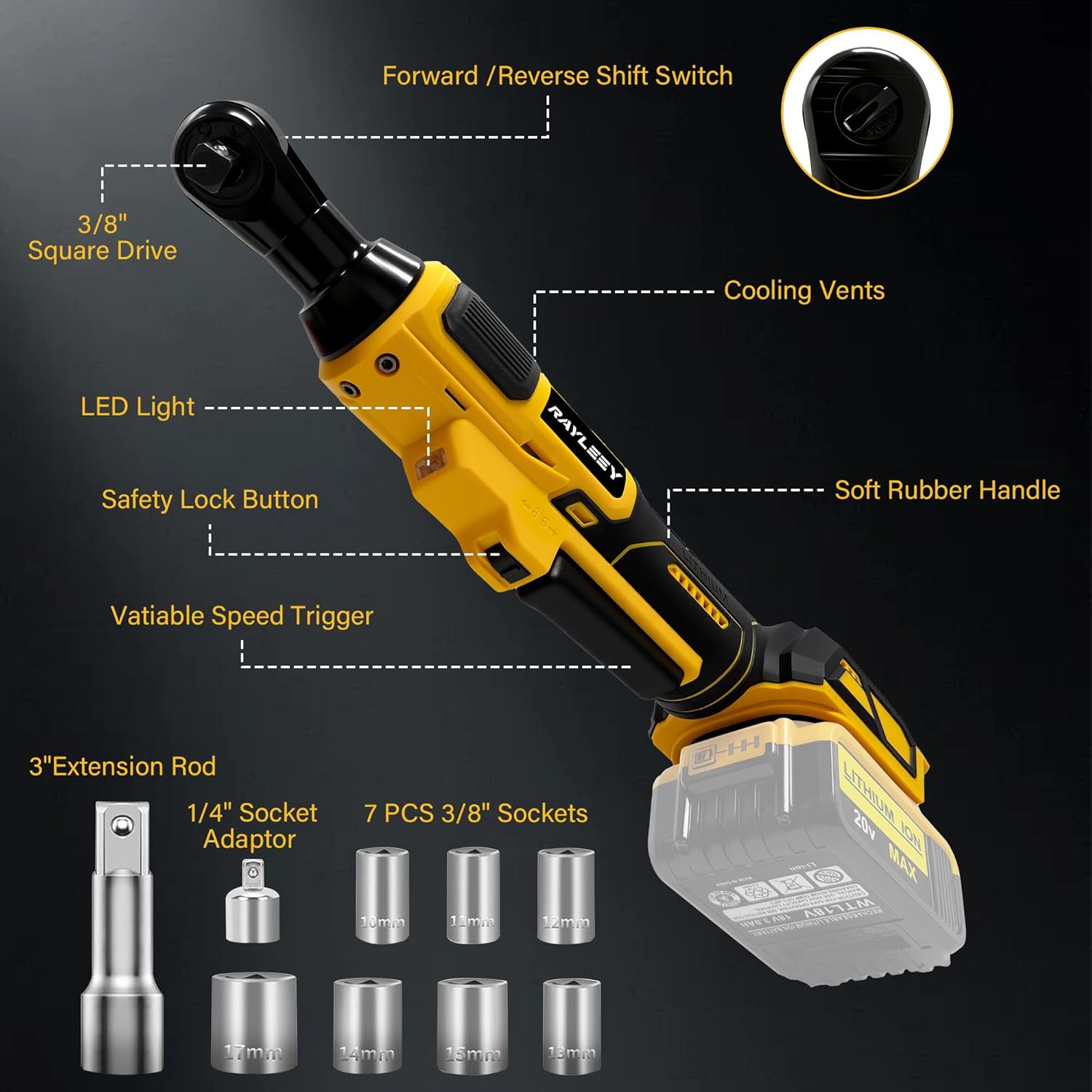 3/8" Cordless Ratchet Wrench for DEWALT 20V MAX Battery, 45 Ft-lbs(60 N.m) Power Electric Ratchet Tool Kit, Variable Speed Control, 7 Sockets, 1/4"Adapter & 3" Extension Bar (Tool Only)