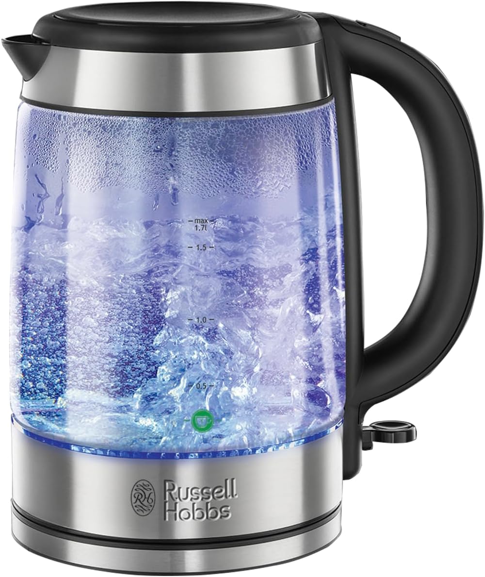 Russell Hobbs Illuminating 1.7L Electric Cordless Glass Kettle with black/brushed stainless steel accents (Fast Boil 3KW, Washable anti-scale filter, Button to open lid, Perfect pour spout) 21600-10