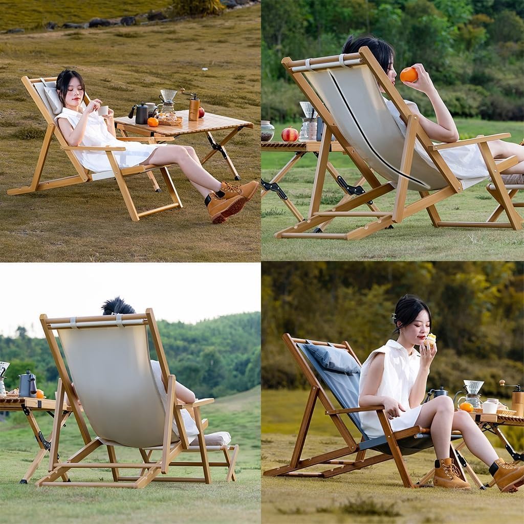 Wood Portable Reclining Beach Chair with Wood Frames and Cushioned Headrest, 4 Level Height Adjustable Reclining Chairs for Indoor Outdoor Garden, Backyard, Poolside