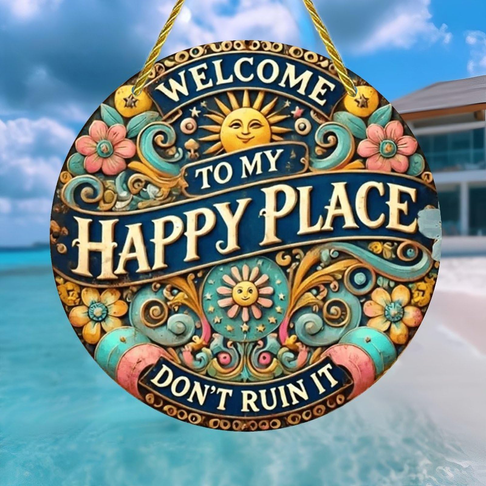 Colorful Acrylic Suncatcher, My Happy Place 7-inch Hanging Window Wall Art Decor with Printed Stained Glass Style Design, Gift Idea & Garden Ornament Indoor Outdoor Use — view 3