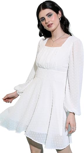 Tokyo Talkies Women's Long Sleeves Square Neck Self Design Dresses | Stylish Dresses | Casual Dresses