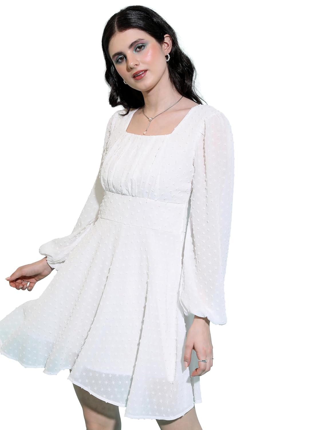 Tokyo Talkies Women’s Long Sleeves Square Neck Self Design Dresses | Stylish Dresses | Casual Dresses