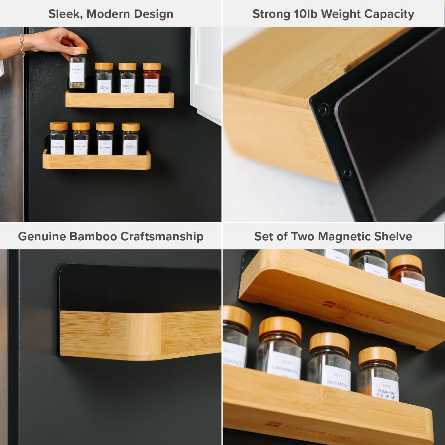 Magnetic Fridge Shelf Set – Kitchen Edge 2-Piece Bamboo Shelves with Black Metal, 11in x 3.5in x 3in, Holds up to 10lbs, Secure Space-Saving Design