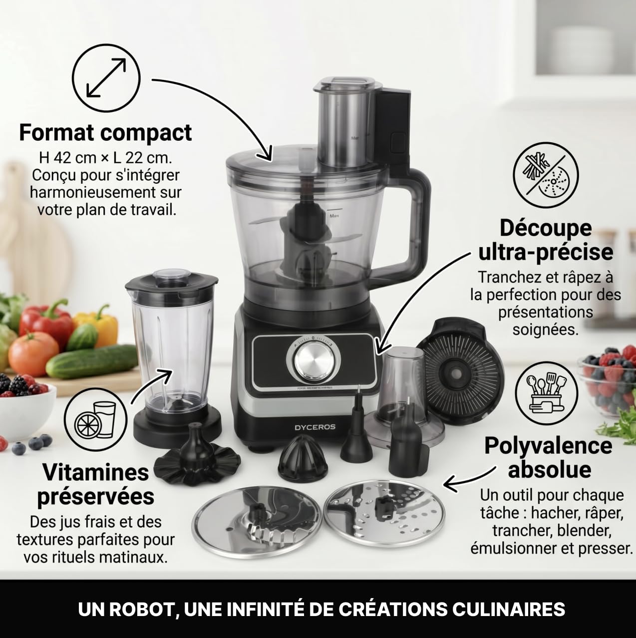 Robot de cuisine multifonction Dyceros MultiForce 1000W | Bol 1.5 L, 2 vitesses + turbo