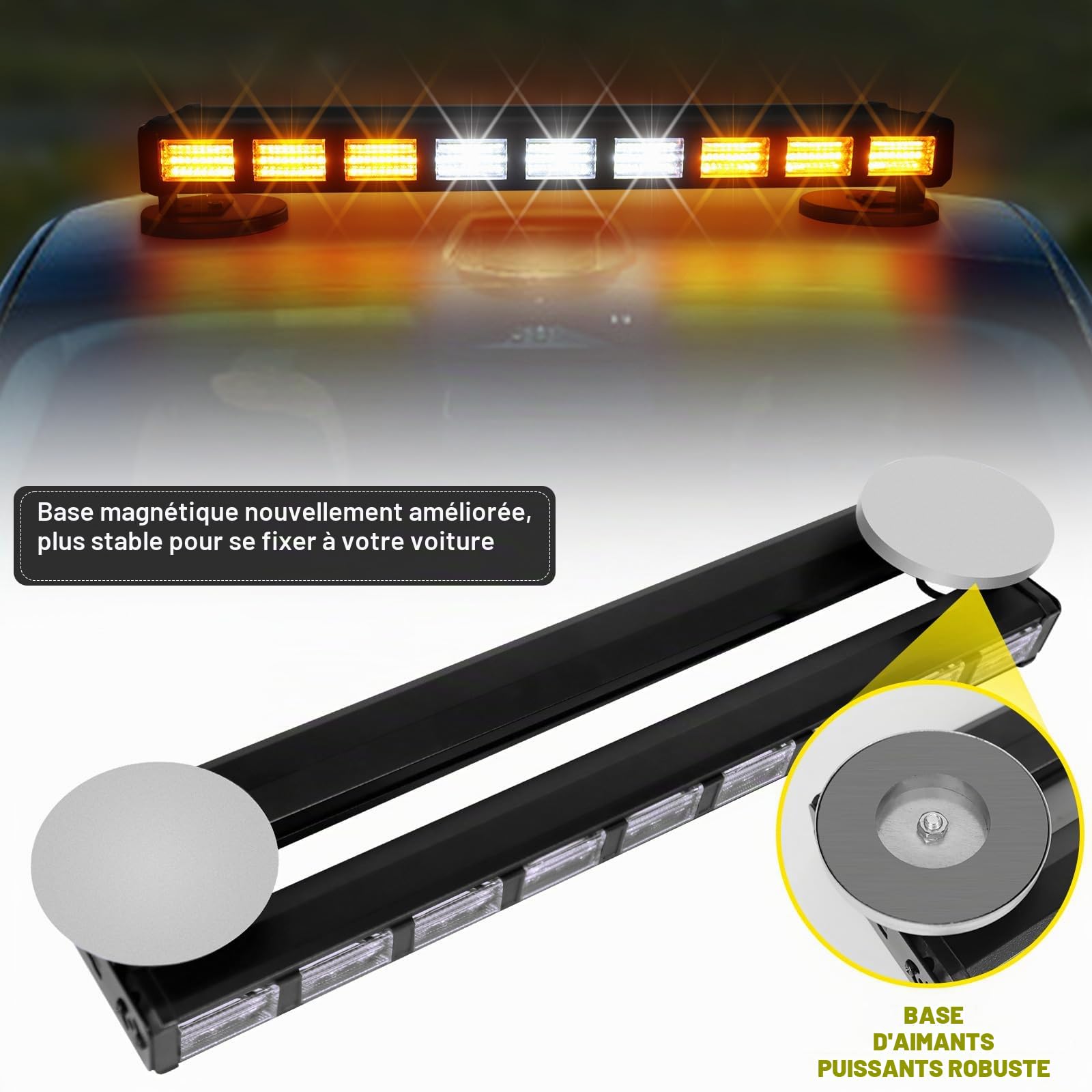 AnTom 2PCS LED Barre stroboscopique bilatéral 81W 9COB Rampe Gyrophare LED 9 * 27 LEDS Clignotant d'urgence 27 modes pour Voiture Véhicule Camion Remorque Caravane (ambre/blanc)