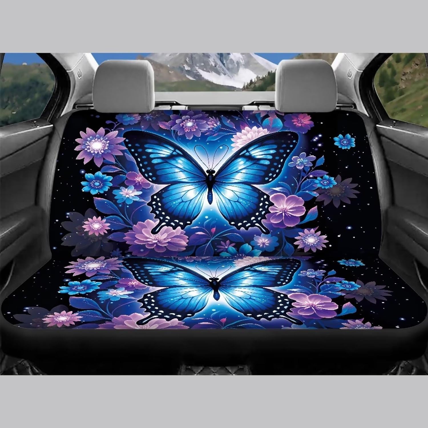 COEQINE Butterfly Car Seat Covers Full Set for Women Blue Purple Galaxy Floral Printed Automotive Seat Covers for Cars Trucks and SUVs Front Seat & Bench Back Seat Cover All Seasons Machine Washable