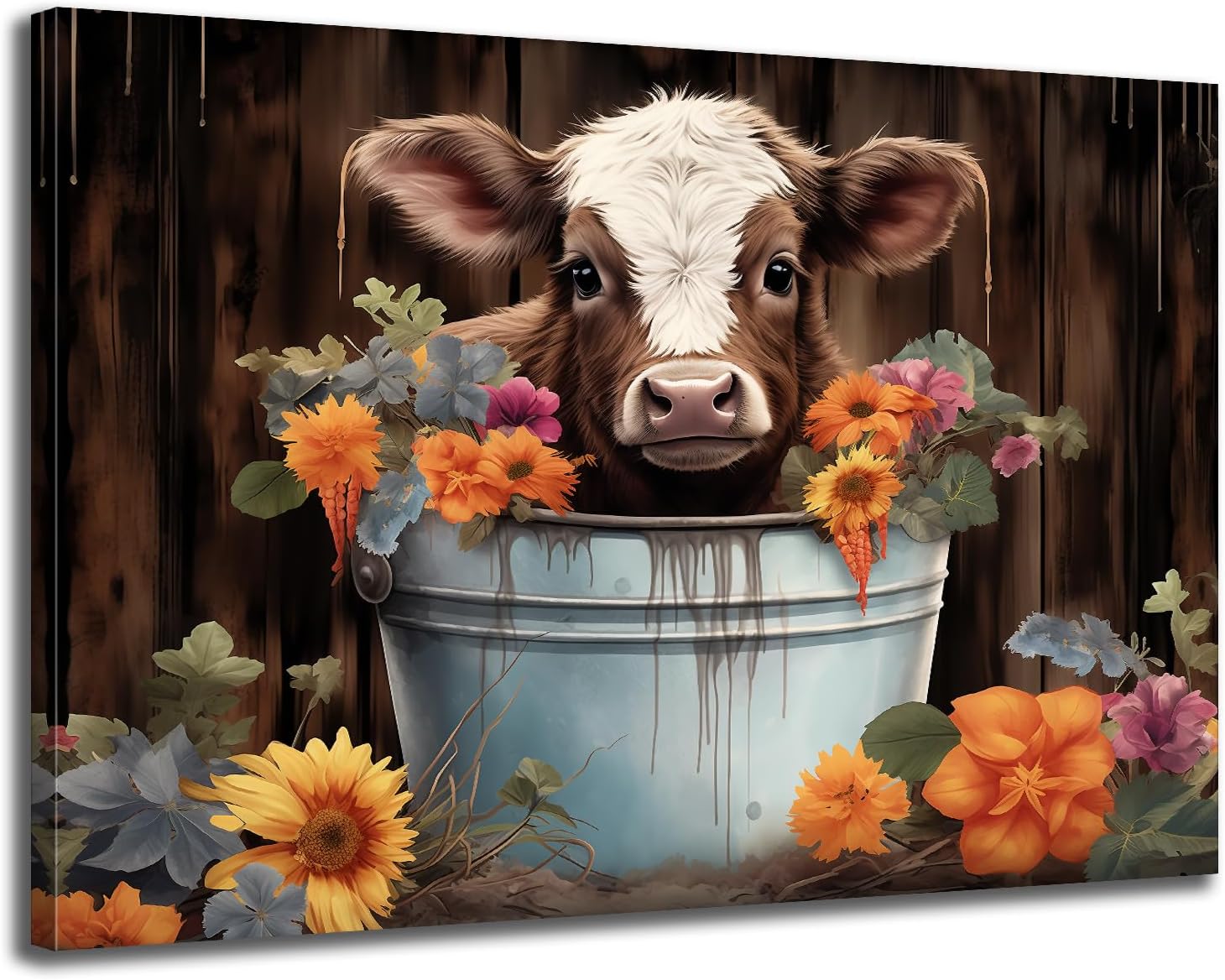 GLOKAKA Highland Cow Bathroom Wall Art Baby Cow in Bucket with Coloful Flowers Picture Prints Painting Farmhouse Animal Wall Decor Rustic Cattle Artwork for Nursery Home Decor