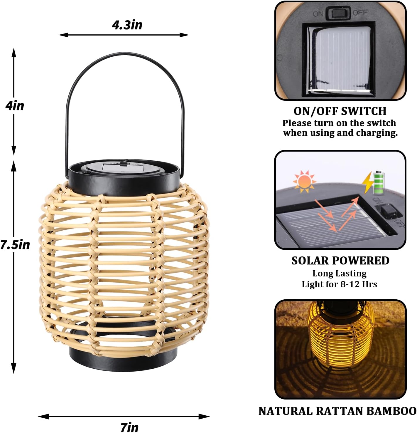 Solar Lantern Outdoor Waterproof Natural Bamboo Rattan Hanging Garden Light | Natural bamboo rattan weave, warm LED glow, auto on/off, garden patio porch yard tabletop pathway and boho outdoor decor