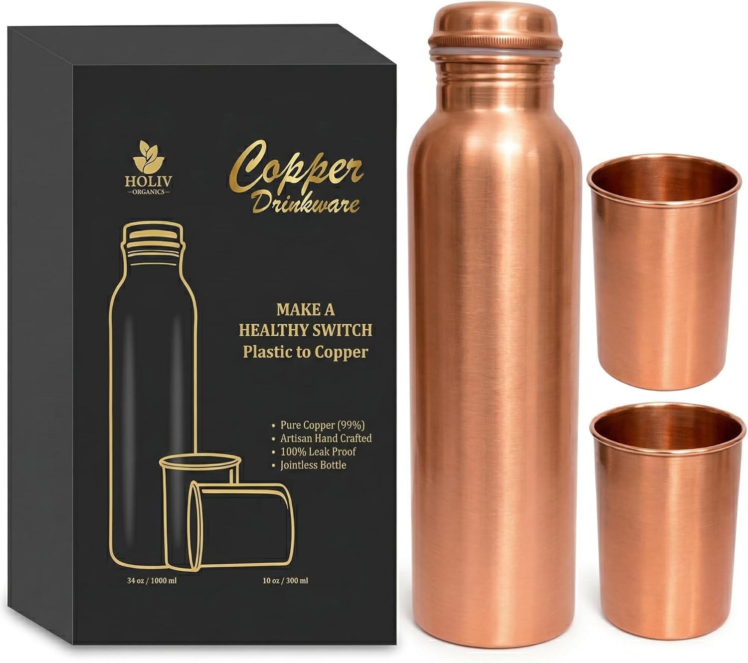 100% Pure Copper Water Bottle - 34oz Floral Antique Engraved Vessel - Artisan Handcrafted Indian Design - Vintage Style Sustainable Flask
