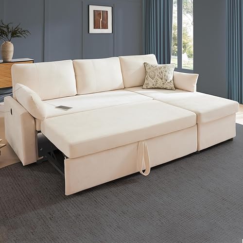 Waxberry 85" L Shaped Sectional Sofa Couch, Pull Out Couch Sleeper Sofa Bed for Living Room, Modular Chenille Deep Seat Sofa, Reversible Chaise, Storage, Side Pockets & Dual USB/Type-C Ports, Beige