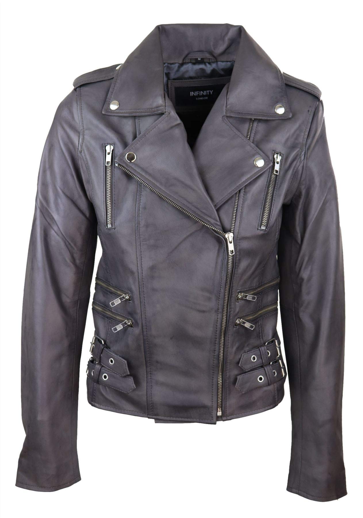 Womens Ladies Real Soft Leather Racing Style Biker Jacket Grey