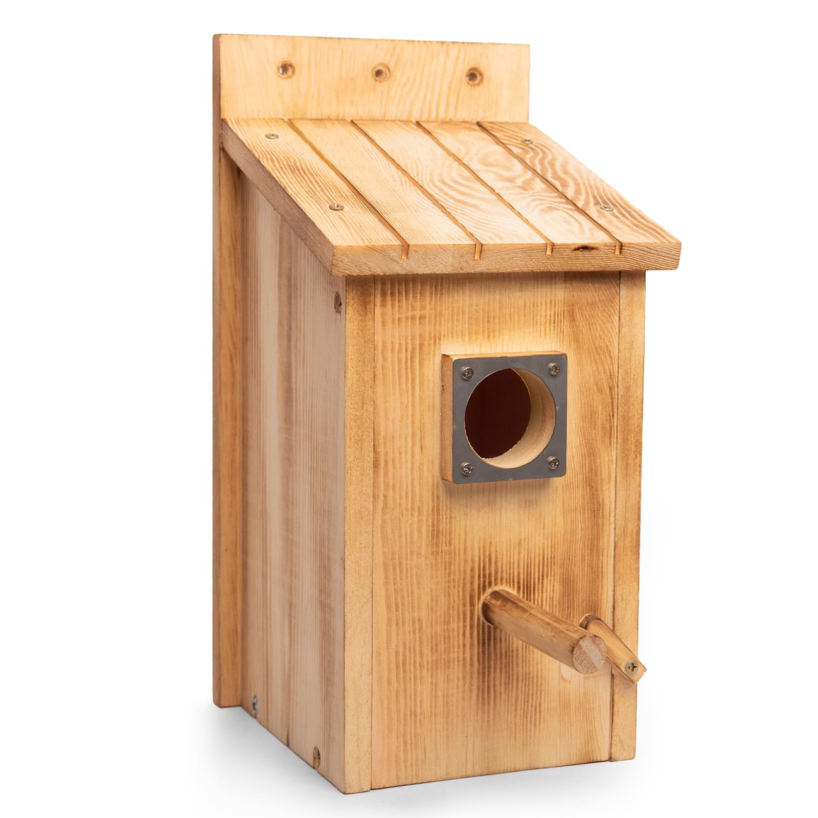 HPC Decor 12in Wood Bird Houses for Outside with Pole, Wooden Birdhouses with Metal Predator Guard, Outdoor Hanging Hummingbird House for Bluebird, Hummingbird, Finch, Cardinals