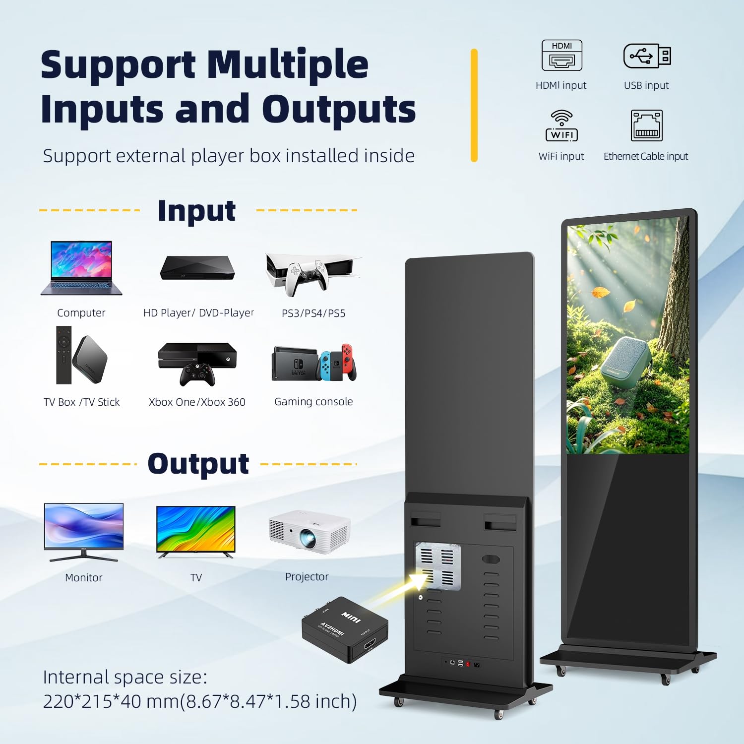 MWE 43 Zoll Digitaler Kundenstopper mit 4 Rollen, Werbedisplay Digital, LCD Digital Signage Display, Geeignet für Einzelhandelsgeschäft, Restaurant, Einkaufszentrum und Gewerbezentrum