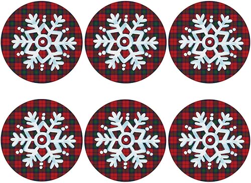 Miniatura 2 de Juego de 6 posavasos de copos de nieve a cuadros rojos y verdes para bebidas, posavasos de piel sintética absorbente para mesa de café, decoración