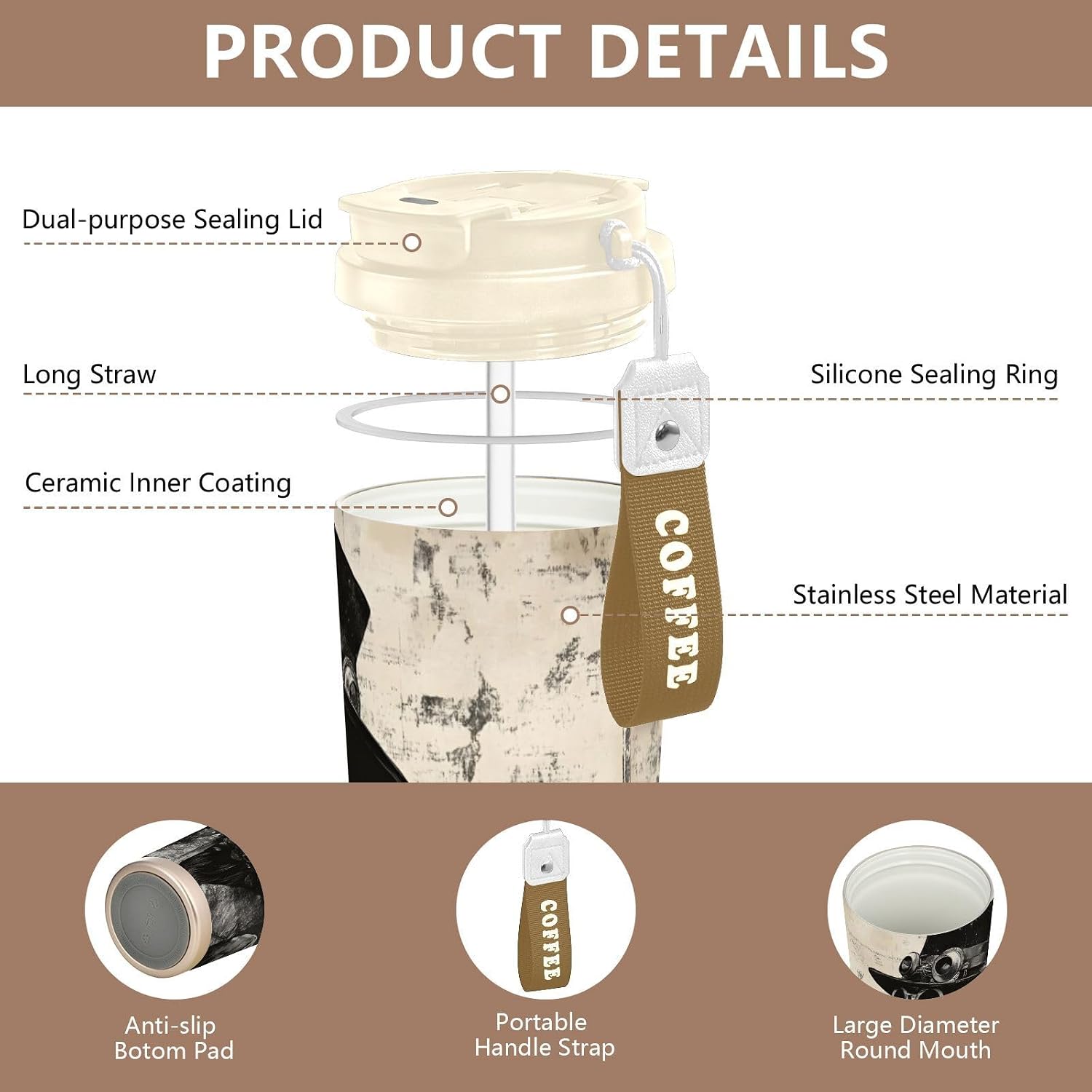 Raven Gothic Retro Insulated Coffee Mug with Straw & Flip Lid, 16.9oz Iced Tumbler Cup, Double Wall Vacuum Leak-Proof Mug for Travel Office