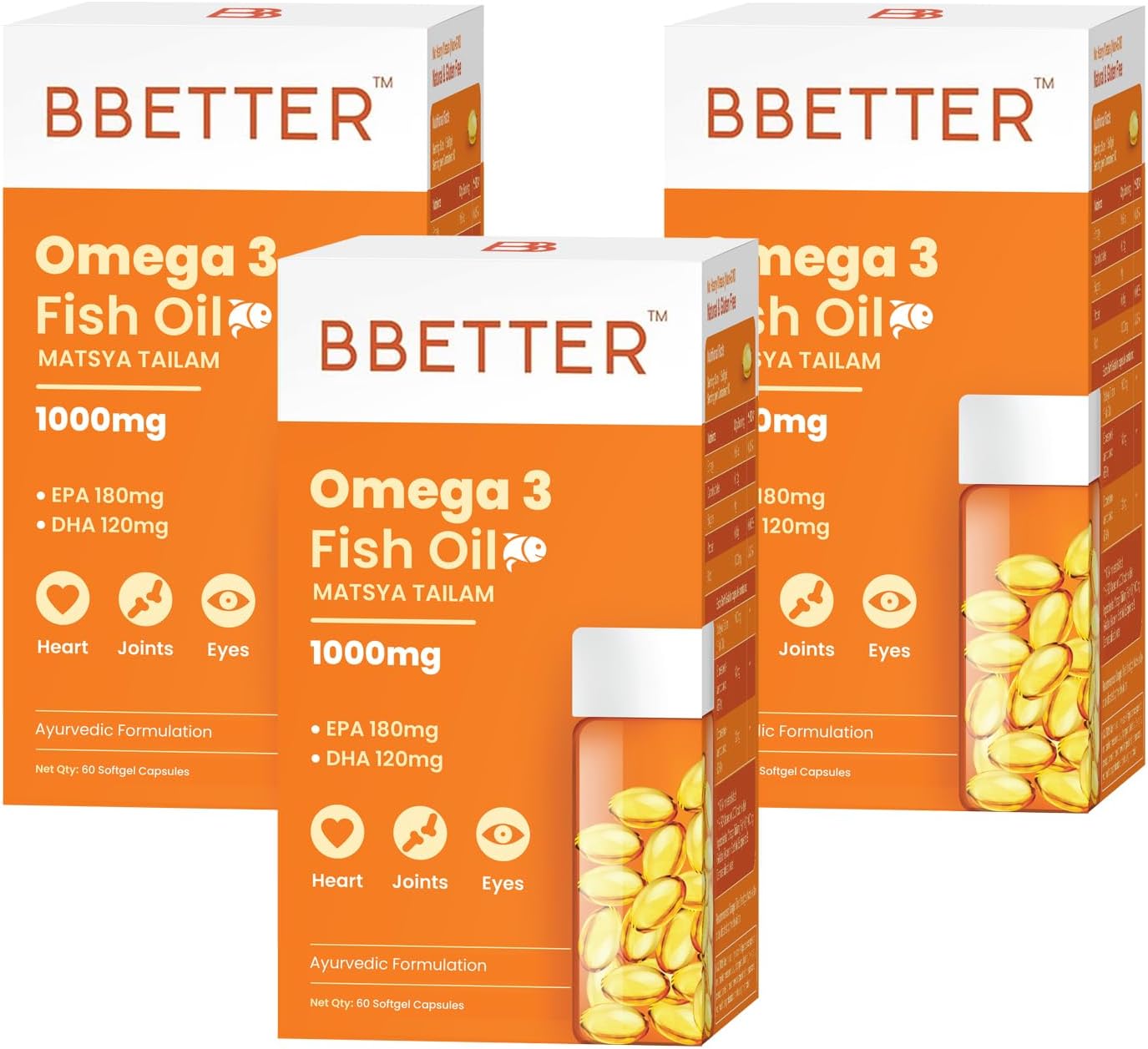 BBETTER Omega 3 Fish Oil Capsules 1000mg | Lab Tested Fish Oil Capsules | Lab Report Attached | High Absorption for Heart, Joints, Eyes & Brain | No Fishy Burps |180 EPA :120 DHA | 180 Softgels