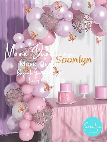 Miniatura 7 de Soonlyn Decoraciones de mariposa para baby shower, kit de guirnalda de globos de 8 pies, 90 globos metálicos lilas rosados, globos brillantes con