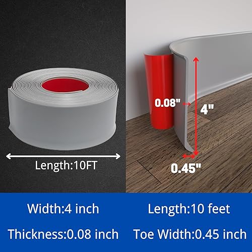 Miniatura 10 de Moldura flexible para zócalo, base de pared de vinilo autoadhesivo de 4 pulgadas x 10 pies, base de pared de goma para despegar y pegar (S100, gris)