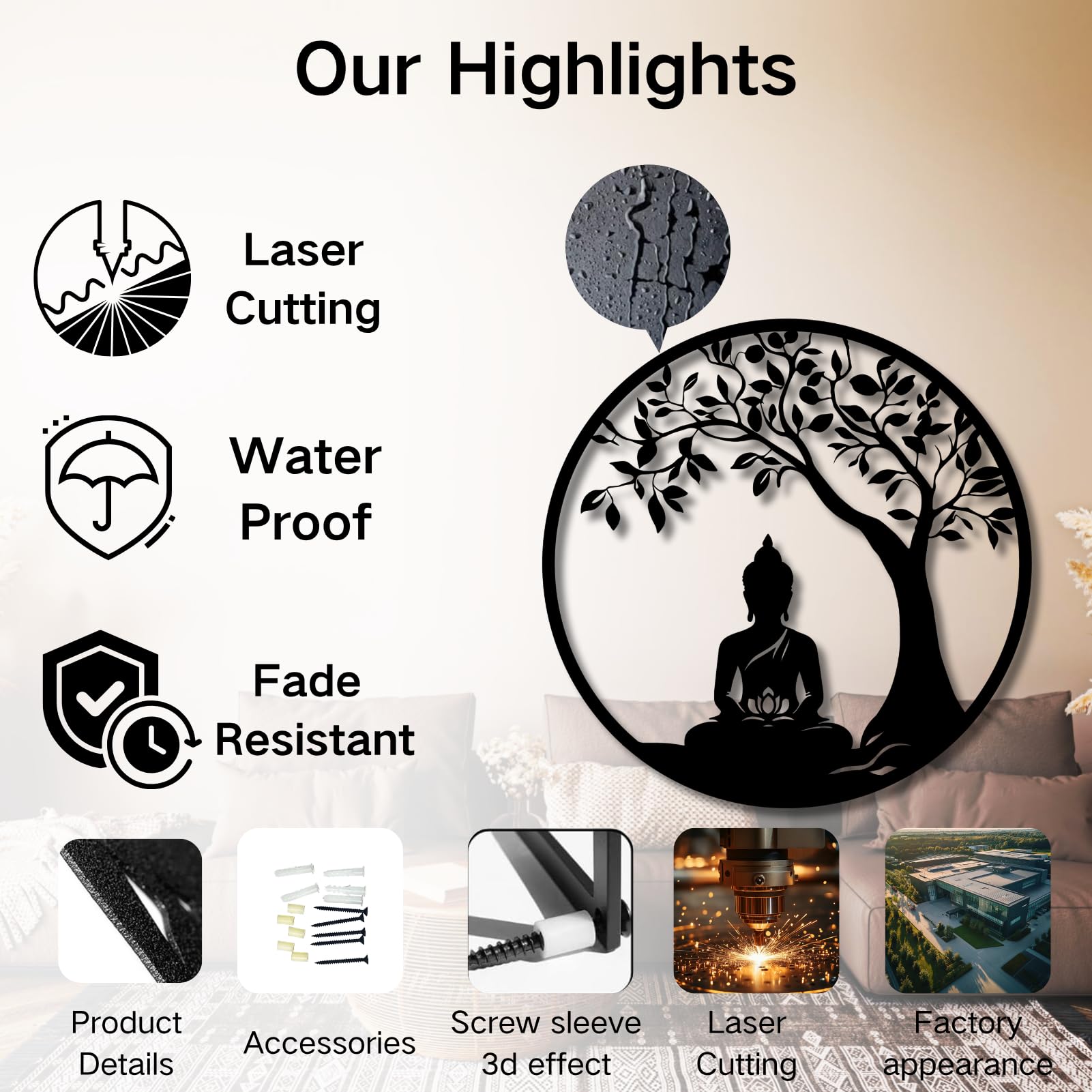 Árbol de la Vida, Arte de Metal 3D, decoración de Pared Grande con Buda, Yoga, meditación Interior, hogar Zen, Zen para Sala de Estar, Dormitorio, jardín al Aire Libre, Estudio de