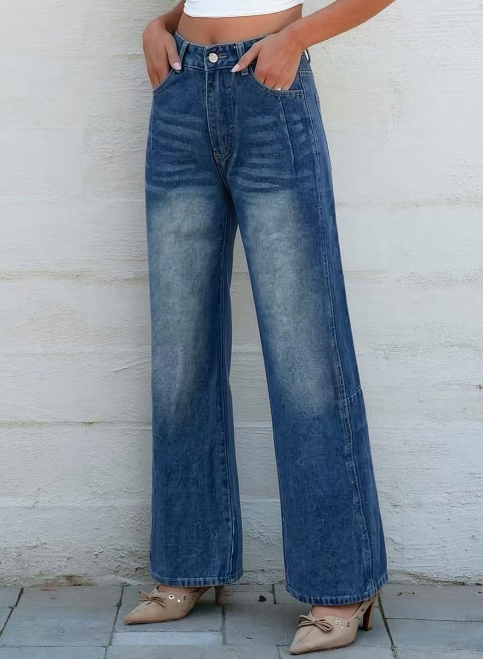 Jeans Larghi A Gamba Dritta da Donna Lavati E Strappati A Vita Alta Pantaloni di Denim Sciolti