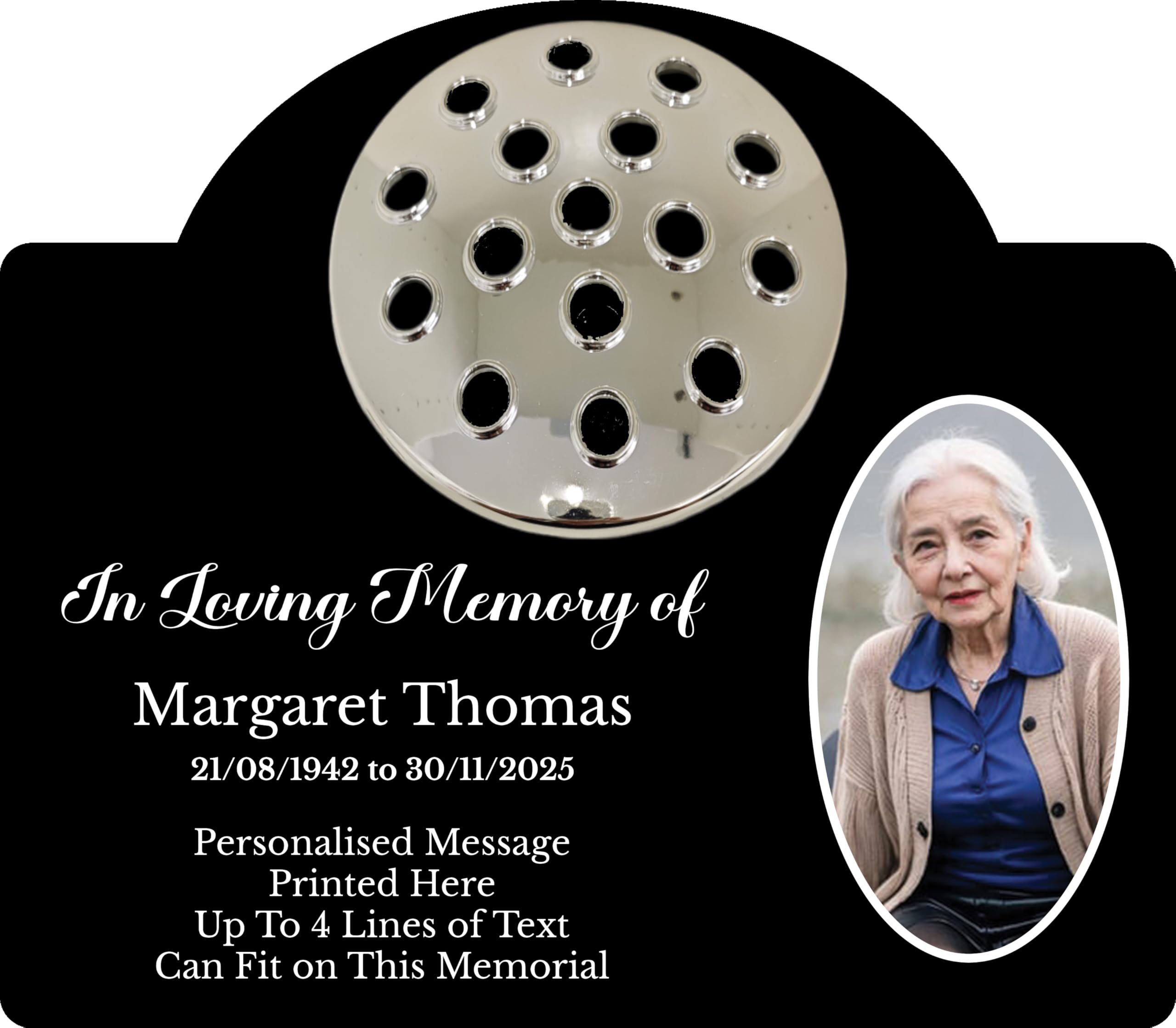 1stclassgifts Personalised Metal Grave Stone Marker Headstone Memorial Plaque, In Memory Sign Remembrance Your Photo Grave Vase Flower Holder (UV PRINTED) (Black, Silver Lid) — image 1
