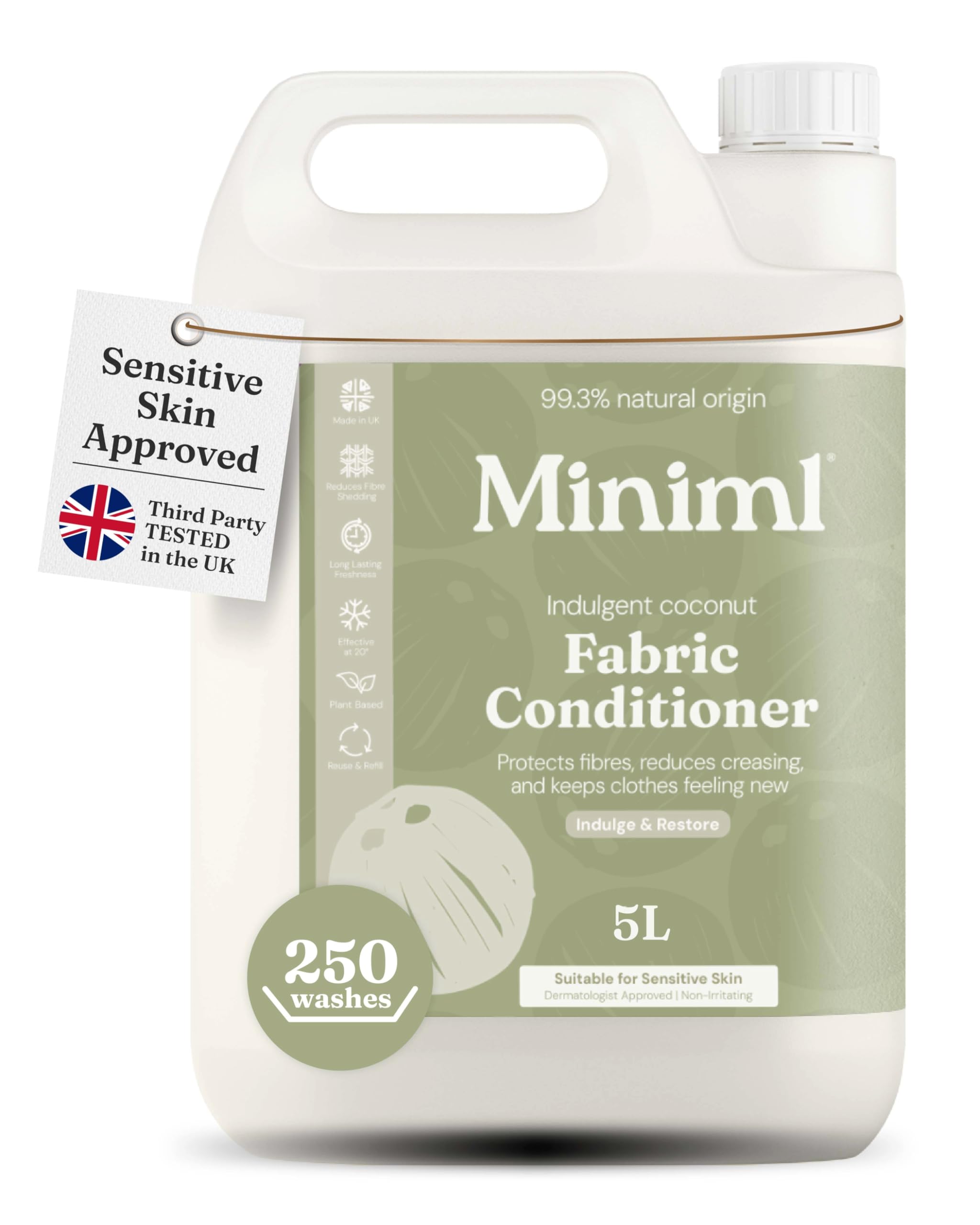 Miniml Eco Fabric Softener & Conditioner 5L Refill - Tropical Coconut Scented All Natural Fabric Softener for Sensitive Skin - 100% Vegan & Cruelty Free (250 Washes)