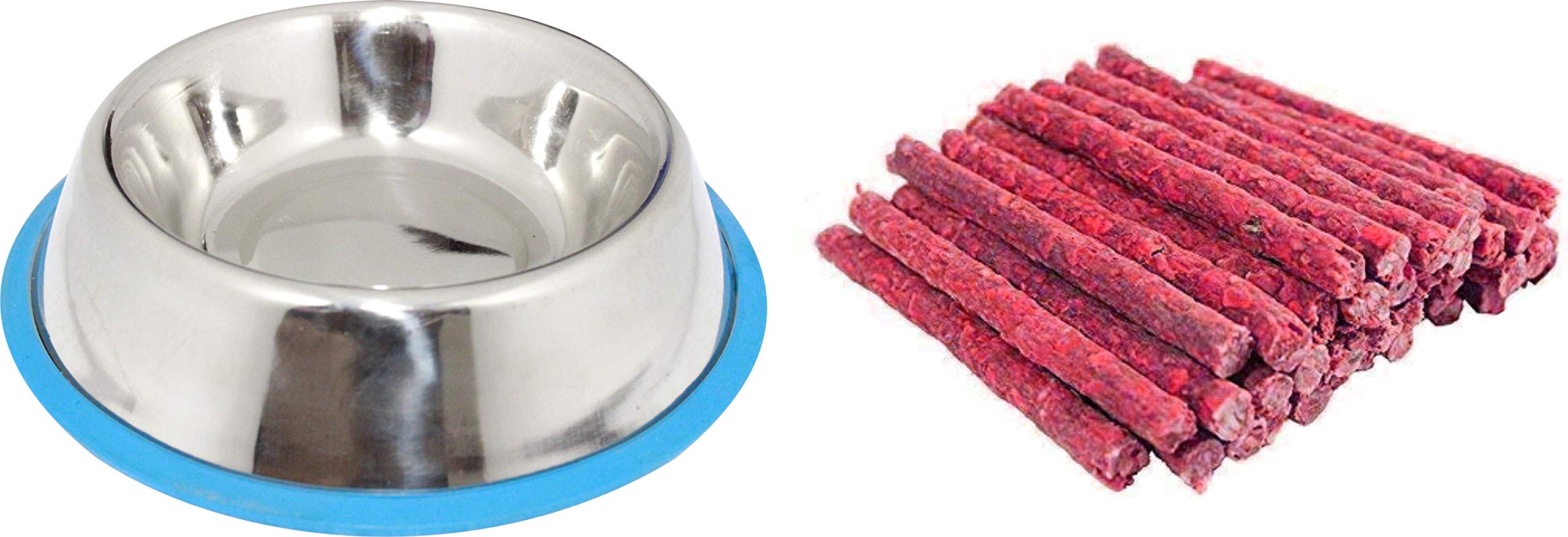 S.Blaze Stainless Steel Anti-Slip Rubber Base 450ml Silver Dog Feeding Bowl with Dog Food 250g Mutton Chew Stick for All Breed of Dogs & Life Stages.