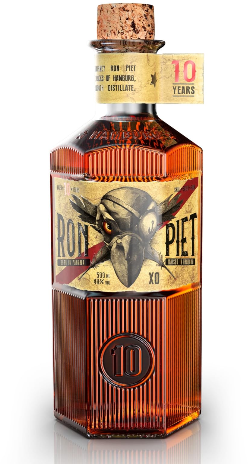 RON PIET RUM | 10 Jahre alter Rum aus Panama mit feinstem Rohrzucker | Single Barrel Rum aus Bourbon-Fässern | In Sechskant-Flasche | 1 x 0.5 l