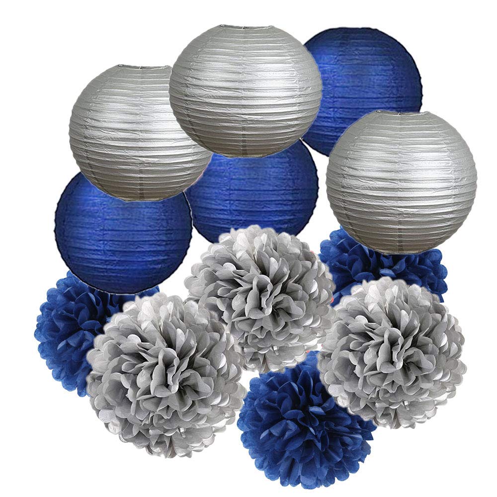 MRMSLI 12PCS Navy Blue Silver Party Decoration Tissue Pom Poms Paper Lanterns Boys Birthday Party Set,Boy Baby Shower， Father Day Bachelor Party，Wedding， Baby Shower，Bridal Shower，Room Decoration