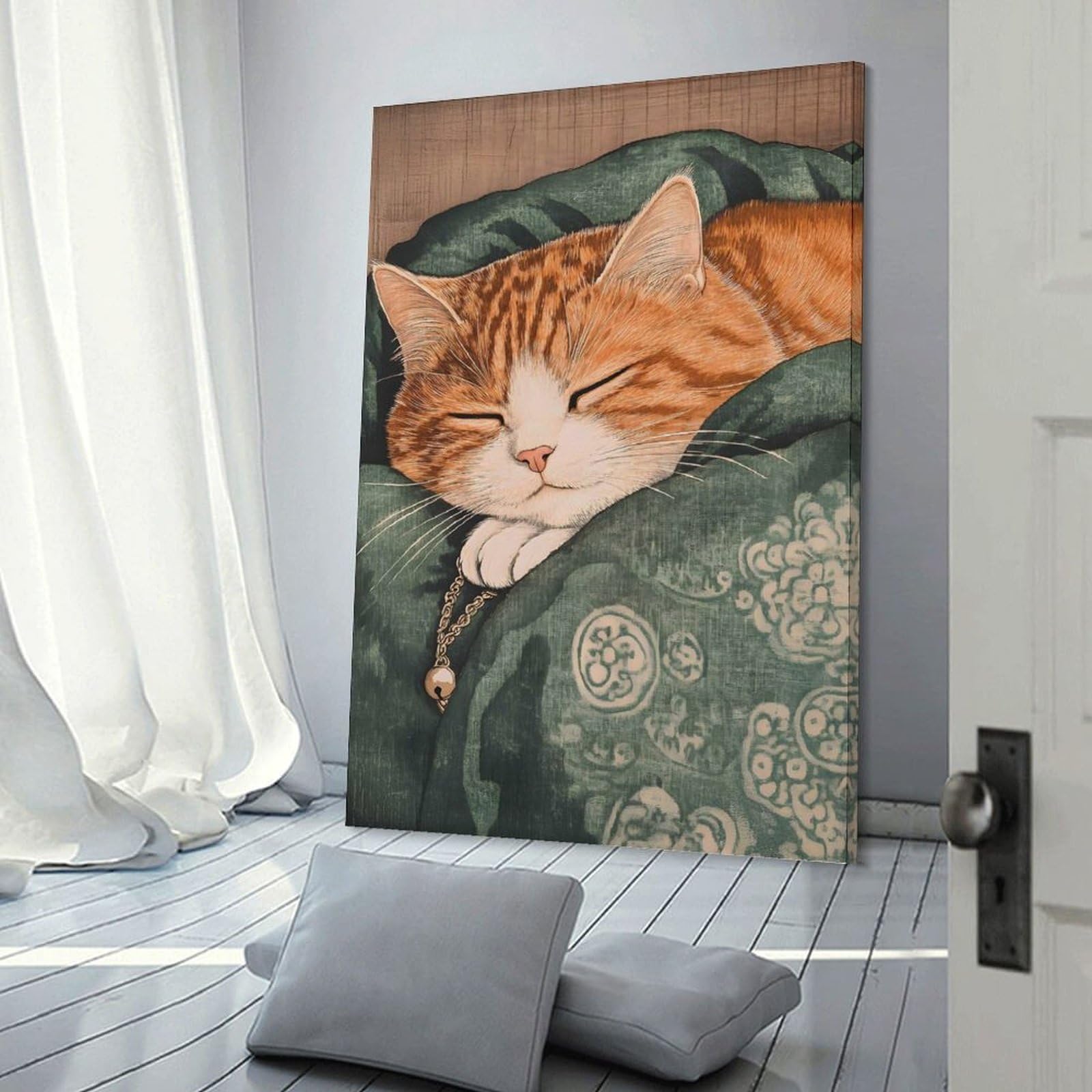 Junmoney Sleeping Orange Tabby Cat with Bell Home Decor Wall Art, 08x12inch(20x30cm), for Apartments, Flats Or New Home Decor, An Easy Choice for New Home Styling