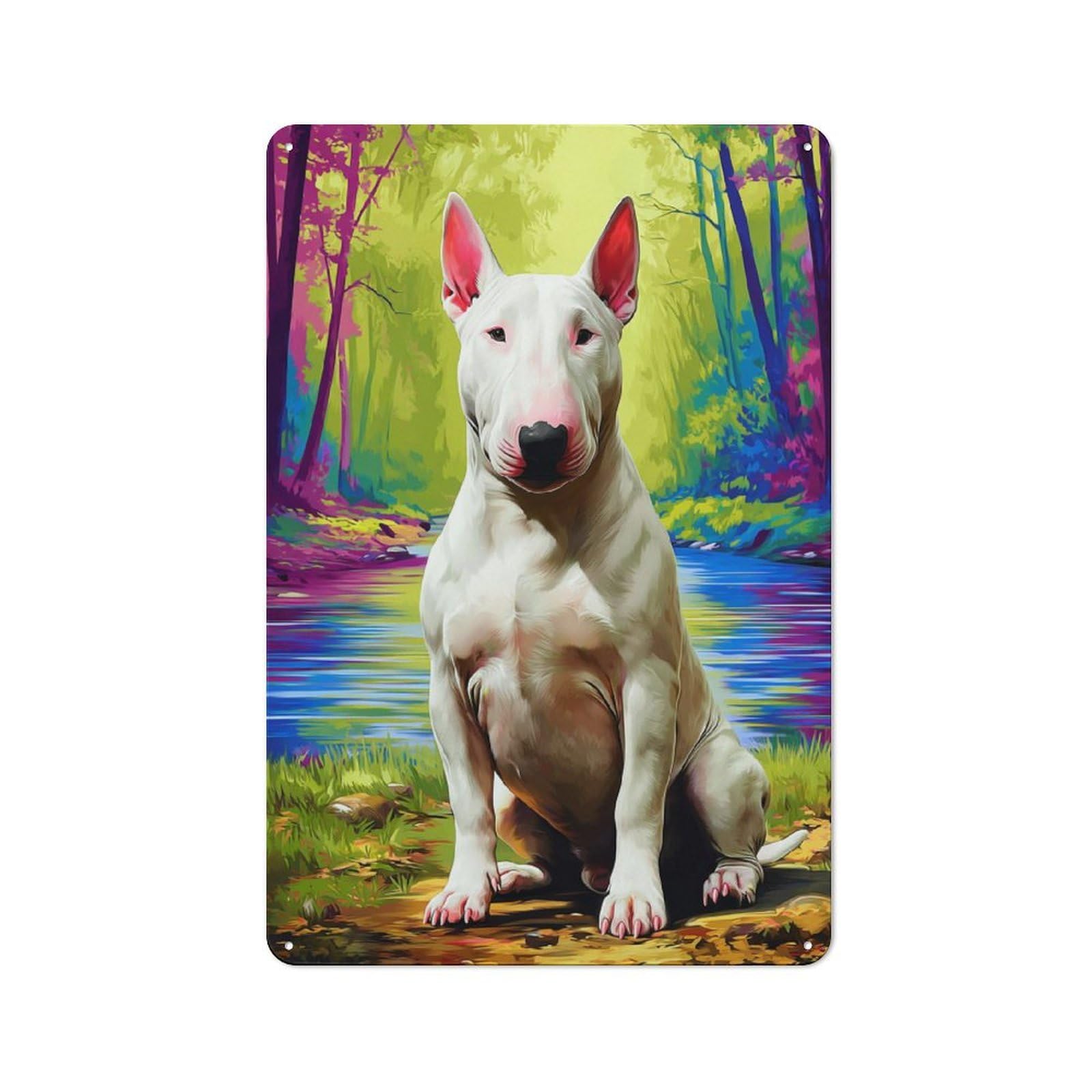 Junmoney Bull Terrier By The Colorful Stream Decorative Tin Plaque With Design 30X20cm, Classic Novelty Wall Art For Flat, Dorm Room, Lounge Or Cafe