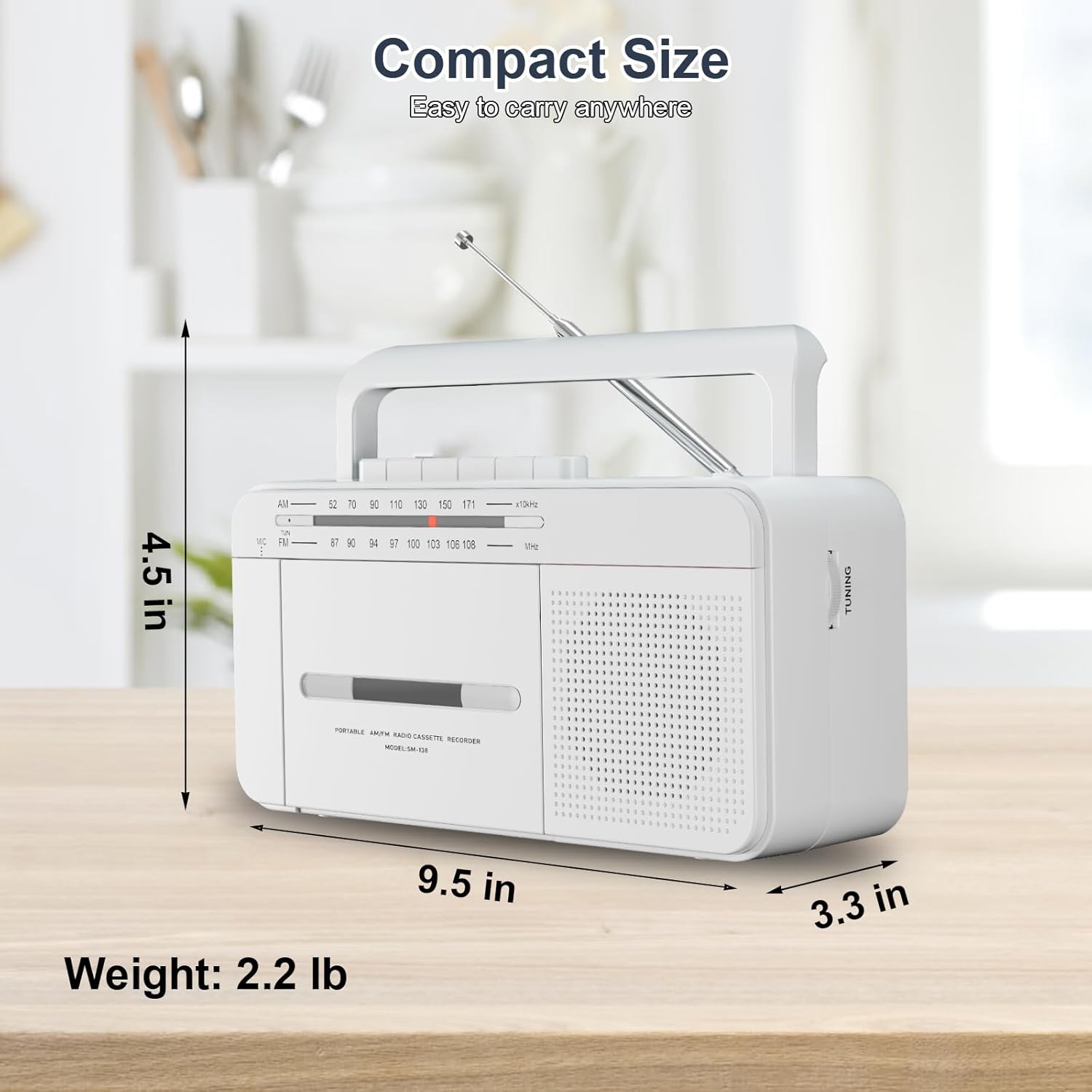 Portable Cassette Player Recorder Boombox with AM/FM Radio, AC or Battery Powered Vintage Casette Tape Player with Loud Speaker and Earphone Jack for Home or Outdoor White