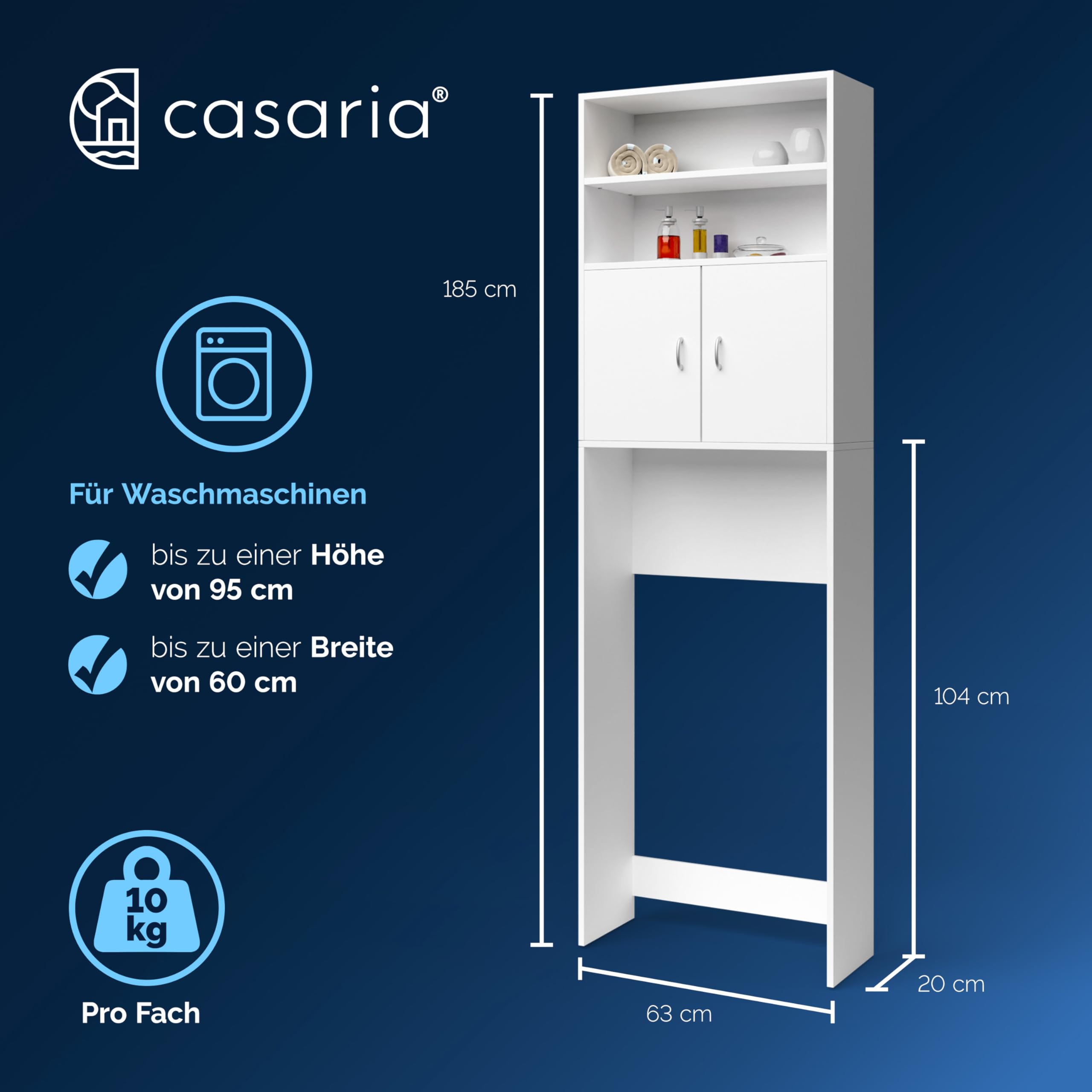 Casaria® Waschmaschinenschrank 185x63x20cm 2 Türen Badschrank Hochschrank Badezimmer Waschmaschine Überbau Bad Regal Weiß