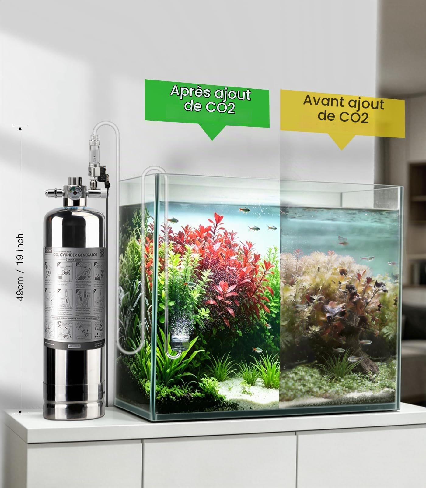 Générateur de système de CO2 pour aquarium, réacteur de dioxyde de carbone en acier inoxydable avec électrovanne régulateur pour plantes d'aquarium (G700S), kit d'aquarium CO2